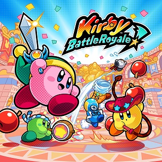 Cover art, featuring six Kirbys (colored pink, yellow, green, blue, orange, and white) fighting each other with various weapons, including a sword, a whip, and a hammer