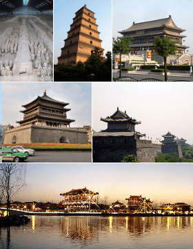 From top: City wall of Xi'an, Xingqinggong Park, Drum Tower of Xi'an, Great Mosque of Xi'an, Southeast city corner, Giant Wild Goose Pagoda, Nan'erhuan Road