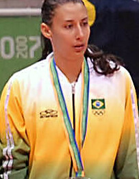 Women's volleyball podium Rio 2007 (cropped Sheilla Castro)