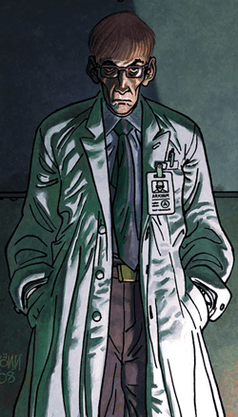 A thin man, with brown hair, glasses and wearing a white lab coat