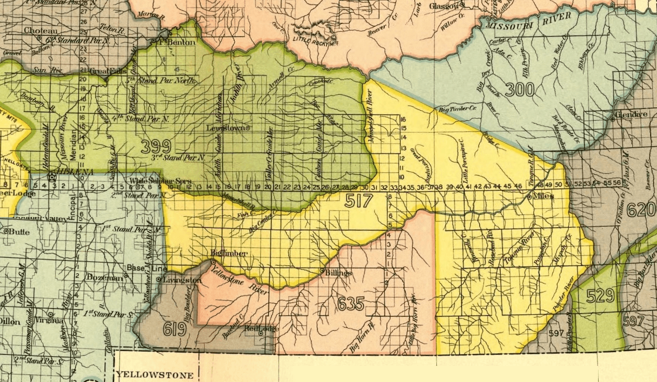 Image Crow Indian Reservation, 1868 (area 619 and 635). Yellow area 517 is 1851 Crow treaty
