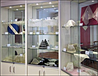 Lace Guild Museum, view of display cabinets, March 2013