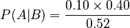 P(A|B) = \frac{0.10 \times 0.40}{0.52}