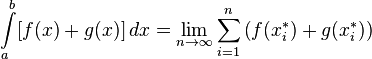 \int\limits_{a}^{b} [f(x) + g(x)]\, dx = \lim_{n \to \infty} \sum_{i=1}^n \left(f(x_i^*) + g(x_i^*)\right)