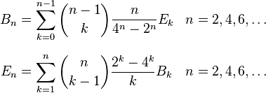 \begin{align}
 B_n &= \sum_{k=0}^{n-1}\binom{n-1}{k} \frac{n}{4^n-2^n}E_k & n&=2, 4, 6, \ldots \\[6pt]
 E_n &= \sum_{k=1}^n \binom{n}{k-1} \frac{2^k-4^k}{k} B_k & n&=2,4,6,\ldots
\end{align}