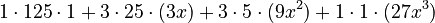 1 \cdot 125 \cdot 1 + 3 \cdot 25 \cdot (3x) + 3 \cdot 5 \cdot (9x^2) + 1 \cdot 1 \cdot (27x^3)