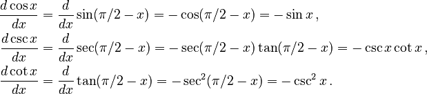 
\begin{align}
\frac{d\cos x}{dx} &= \frac{d}{dx}\sin(\pi/2-x)=-\cos(\pi/2-x)=-\sin x \, , \\
\frac{d\csc x}{dx} &= \frac{d}{dx}\sec(\pi/2 - x) = -\sec(\pi/2 - x)\tan(\pi/2 - x) = -\csc x \cot x \, , \\
\frac{d\cot x}{dx} &= \frac{d}{dx}\tan(\pi/2 - x) = -\sec^2(\pi/2 - x) = -\csc^2 x \, .
\end{align}
