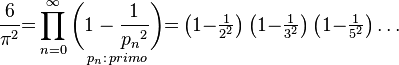  \frac{6}{\pi^2} {=} \prod_{n = 0}^\infty \underset{p_{n}: \, {primo}}{\left(1- \frac{1}{{p_n}^2}\right)}{=}\textstyle  \left(1{-}\frac{1}{2^2}\right)\left(1{-}\frac{1}{3^2}\right)\left(1{-}\frac{1}{5^2}\right)\dots