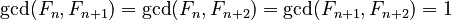 \gcd(F_n, F_{n+1}) = \gcd(F_n, F_{n+2}) = \gcd(F_{n+1}, F_{n+2}) = 1