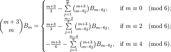 \binom{m+3}{m} B_m=\begin{cases}
\frac{m+3}{3}-\sum\limits_{j=1}^\frac{m}{6}\binom{m+3}{m-6j}B_{m-6j}, & \text{if } m\equiv 0\pmod 6;\\
\frac{m+3}{3}-\sum\limits_{j=1}^\frac{m-2}{6}\binom{m+3}{m-6j}B_{m-6j}, & \text{if } m\equiv 2\pmod 6;\\
-\frac{m+3}{6}-\sum\limits_{j=1}^\frac{m-4}{6}\binom{m+3}{m-6j}B_{m-6j}, & \text{if } m\equiv 4\pmod 6.\end{cases}