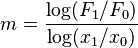 {\displaystyle  m = \frac {\log (F_1 / F_0)}{\log(x_1 / x_0)} }