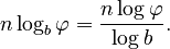 n\log_b\varphi = \frac{n \log \varphi}{\log b}.