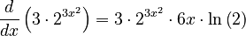 \frac{d}{dx} \left(3 \cdot 2^{3x^2} \right) = 3 \cdot 2^{3x^2} \cdot 6x \cdot \ln \left( 2 \right) 