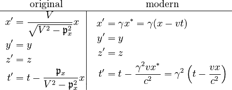 \begin{matrix}\text{original} & \text{modern}\\
\hline \left.\begin{align}x^{\prime} & =\frac{V}{\sqrt{V^{2}-\mathfrak{p}_{x}^{2}}}x\\
y^{\prime} & =y\\
z^{\prime} & =z\\
t^{\prime} & =t-\frac{\mathfrak{p}_{x}}{V^{2}-\mathfrak{p}_{x}^{2}}x
\end{align}
\right| & \begin{align}x^{\prime} & =\gamma x^{\ast}=\gamma(x-vt)\\
y^{\prime} & =y\\
z^{\prime} & =z\\
t^{\prime} & =t-\frac{\gamma^{2}vx^{\ast}}{c^{2}}=\gamma^{2}\left(t-\frac{vx}{c^{2}}\right)
\end{align}
\end{matrix}