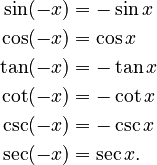 \begin{align}
\sin(-x) &=-\sin x\\
\cos(-x) &=\cos x\\
\tan(-x) &=-\tan x\\
\cot(-x) &=-\cot x\\
\csc(-x) &=-\csc x\\
\sec(-x) &=\sec x.
\end{align}