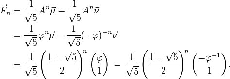 {\displaystyle \begin{align}
\vec F_n &= \frac{1}{\sqrt{5}}A^n\vec\mu-\frac{1}{\sqrt{5}}A^n\vec\nu \\
&= \frac{1}{\sqrt{5}}\varphi^n\vec\mu - \frac{1}{\sqrt{5}}(-\varphi)^{-n}\vec\nu \\
&= \cfrac{1}{\sqrt{5}}\left(\cfrac{1+\sqrt{5}}{2}\right)^{\!n}{\varphi \choose 1} \,-\, \cfrac{1}{\sqrt{5}}\left(\cfrac{1-\sqrt{5}}{2}\right)^{\!n}{-\varphi^{-1}\choose 1}.
\end{align}}