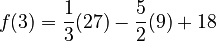 f(3)=\dfrac{1}{3}(27)-\dfrac{5}{2}(9)+18
