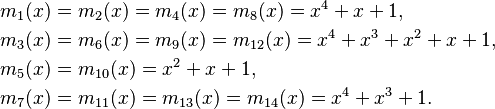 \begin{align}
  m_1(x) &= m_2(x) = m_4(x) = m_8(x) = x^4 + x + 1, \\
  m_3(x) &= m_6(x) = m_9(x) = m_{12}(x) = x^4 + x^3 + x^2 + x + 1, \\
  m_5(x) &= m_{10}(x) = x^2 + x + 1, \\
  m_7(x) &= m_{11}(x) = m_{13}(x) = m_{14}(x) = x^4 + x^3 + 1.
\end{align}