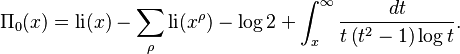 \Pi_0(x) = \operatorname{li}(x) - \sum_{\rho} \operatorname{li}(x^\rho) - \log 2 + \int_x^\infty \frac{dt}{t \left(t^2 - 1\right) \log t}.