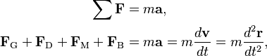 \begin{align}
\sum \mathbf{F} & = m\mathbf{a}, \\
\mathbf{F}_\text{G} + \mathbf{F}_\text{D} + \mathbf{F}_\text{M} + \mathbf{F}_\text{B} & = m \mathbf{a} = m \frac{d\mathbf{v}}{dt} = m\frac{d^2\mathbf{r}}{dt^2},
\end{align}