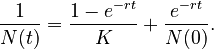  \frac{1}{N(t)} = \frac{1-e^{-rt}}{K}+ \frac{e^{-rt}}{N(0)}. 