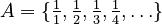 A = \{ \tfrac{1}{1}, \tfrac{1}{2}, \tfrac{1}{3}, \tfrac{1}{4}, \ldots \}