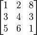 
\begin{bmatrix}
1 & 2 & 8 \\
3 & 4 & 3 \\
5 & 6 & 1 \end{bmatrix}
