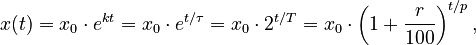 {\displaystyle x(t) = x_0\cdot e^{kt} = x_0\cdot e^{t/\tau} = x_0 \cdot 2^{t/T}
= x_0\cdot \left( 1 + \frac{r}{100} \right)^{t/p},}