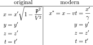 \begin{matrix}\text{original} & \text{modern}\\
\hline \left.\begin{align}x & =x^{\prime}\sqrt{1-\frac{\mathfrak{p}^{2}}{V^{2}}}\\
y & =y^{\prime}\\
z & =z^{\prime}\\
t & =t^{\prime}
\end{align}
\right| & \begin{align}x^{\ast}=x-vt & =\frac{x^{\prime}}{\gamma}\\
y & =y^{\prime}\\
z & =z^{\prime}\\
t & =t^{\prime}
\end{align}
\end{matrix}