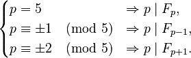 {\displaystyle \begin{cases} p =5 & \Rightarrow p \mid F_{p}, \\ p \equiv \pm1 \pmod 5 & \Rightarrow p \mid F_{p-1}, \\ p \equiv \pm2 \pmod 5 &  \Rightarrow p \mid F_{p+1}.\end{cases}}