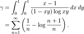{\displaystyle \begin{align}
\gamma &= \int_0^1 \int_0^1 \frac{x-1}{(1-xy)\log xy}\,dx\,dy \\
&= \sum_{n=1}^\infty \left(\frac 1 n -\log\frac{n+1} n \right).
\end{align}}