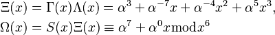 \begin{align}
     \Xi(x) &= \Gamma(x)\Lambda(x) = \alpha^{3} + \alpha^{-7}x + \alpha^{-4}x^2 + \alpha^{5}x^3, \\
  \Omega(x) &= S(x)\Xi(x) \equiv \alpha^{7} + \alpha^{0}x \bmod{x^6}
\end{align}