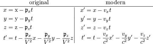 \begin{matrix}\text{original} & \text{modern}\\
\hline \left.\begin{align}x & =\mathrm{x}-\mathfrak{p}_{x}t\\
y & =\mathrm{y}-\mathfrak{p}_{y}t\\
z & =\mathrm{z}-\mathfrak{p}_{z}t\\
t^{\prime} & =t-\frac{\mathfrak{p}_{x}}{V^{2}}x-\frac{\mathfrak{p}_{y}}{V^{2}}y-\frac{\mathfrak{p}_{z}}{V^{2}}z
\end{align}
\right| & \begin{align}x^{\prime} & =x-v_{x}t\\
y^{\prime} & =y-v_{y}t\\
z^{\prime} & =z-v_{z}t\\
t^{\prime} & =t-\frac{v_{x}}{c^{2}}x'-\frac{v_{y}}{c^{2}}y'-\frac{v_{z}}{c^{2}}z'
\end{align}
\end{matrix}