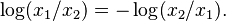 {\displaystyle  \log(x_1/x_2) = -\log(x_2/x_1). }