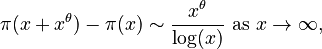 \pi(x + x^\theta) - \pi(x) \sim \frac{x^\theta}{\log(x)} \text{ as } x \to \infty, 