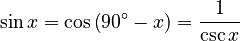 \sin x = \cos\left(90^\circ - x \right) = \frac{1}{\csc x}