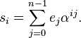 s_i=\sum_{j=0}^{n-1}e_j\alpha^{ij}.