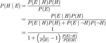 {\displaystyle \begin{align}
 P(H \mid E) &= \frac{P(E \mid H) P(H)}{P(E)} \\
             &= \frac{P(E \mid H) P(H)}{P(E \mid H) P(H) + P(E \mid \neg H) P(\neg H)} \\
             &= \frac{1}{1 + \left(\frac{1}{P(H)} - 1\right) \frac{P(E \mid \neg H)}{P(E \mid H)} }
\end{align}}