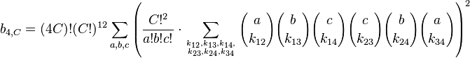 b_{4,C} = (4C)!(C!)^{12}\sum_{a, b, c} {\left( \frac{C!^2}{a! b! c!} \cdot \sum_{k_{12},k_{13},k_{14},\atop k_{23},k_{24},k_{34}} {{a\choose k_{12}}{b\choose k_{13}}{c \choose k_{14}}{c \choose k_{23}}{b \choose k_{24}}{a \choose k_{34}} } \right)^2 }