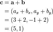 \begin{align}\mathbf{c} & = \mathbf{a} + \mathbf{b} \\ & = ( a_x + b_x, a_y + b_y ) \\ & = ( 3 + 2, -1 + 2 ) \\ & = ( 5, 1 ) \end{align}