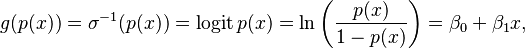 g(p(x)) = \sigma^{-1} (p(x)) = \operatorname{logit} p(x) = \ln \left( \frac{p(x)}{1 - p(x)} \right) = \beta_0 + \beta_1 x ,