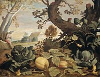 Abraham Bloemaert - Landschap met groenten en vruchten op de voorgrond