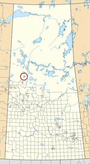 A map of the province of Saskatchewan showing 297 rural municipalities and hundreds of small Indian reserves. One is highlighted with a red circle.