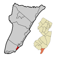 Wildwood Crest Borough highlighted in Cape May County. Inset map: Cape May County highlighted in the State of New Jersey.