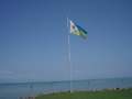 Djibouti Flag flying near the Sea