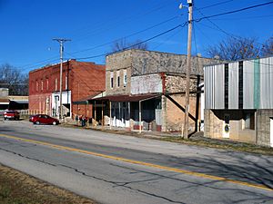 Downtown Seligman, Missouri. Drew Wilkerson's original general store, also known as "The Brick" sits on the corner on the left.