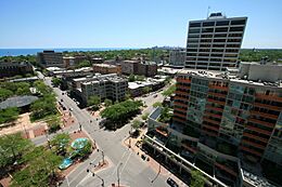 View of downtown, at Sherman Avenue and Davis Street, looking south/south-east toward Chicago