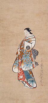 Kaigetsudo Ando - Standing Portrait of a Courtesan, c. 1705-1710, Hanging scroll; ink, color and gold on paper