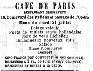 Menu Paris Opera Café de Paris 21 July 1868