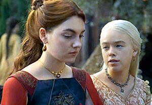 Milly Alcock (right) as Princess Rhaenyra Targaryen and Emily Carey as Alicent Hightower HotD 2024